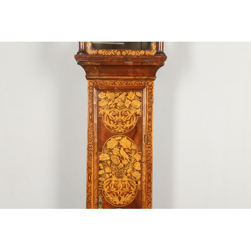 1131 - AN 18TH CENTURY MARQUETRY LONGCASE CLOCK CASE. of narrow proportions, the fret carved cornice above ... 