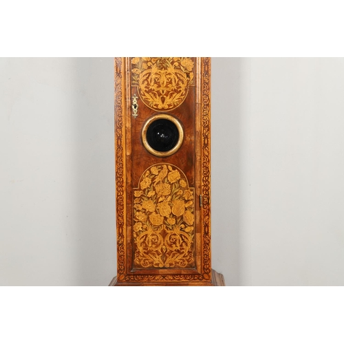 1131 - AN 18TH CENTURY MARQUETRY LONGCASE CLOCK CASE. of narrow proportions, the fret carved cornice above ... 