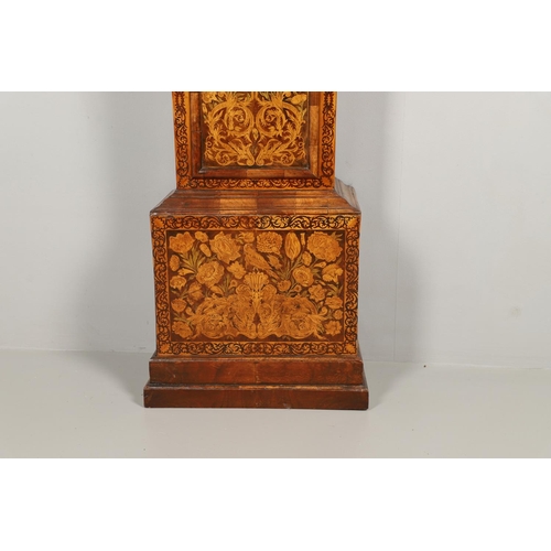 1131 - AN 18TH CENTURY MARQUETRY LONGCASE CLOCK CASE. of narrow proportions, the fret carved cornice above ... 