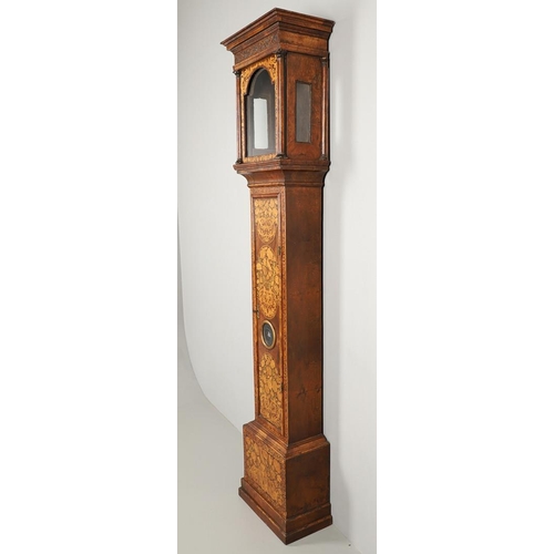 1131 - AN 18TH CENTURY MARQUETRY LONGCASE CLOCK CASE. of narrow proportions, the fret carved cornice above ... 