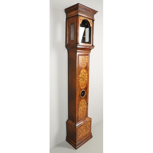 1131 - AN 18TH CENTURY MARQUETRY LONGCASE CLOCK CASE. of narrow proportions, the fret carved cornice above ... 