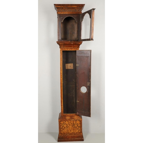 1131 - AN 18TH CENTURY MARQUETRY LONGCASE CLOCK CASE. of narrow proportions, the fret carved cornice above ... 