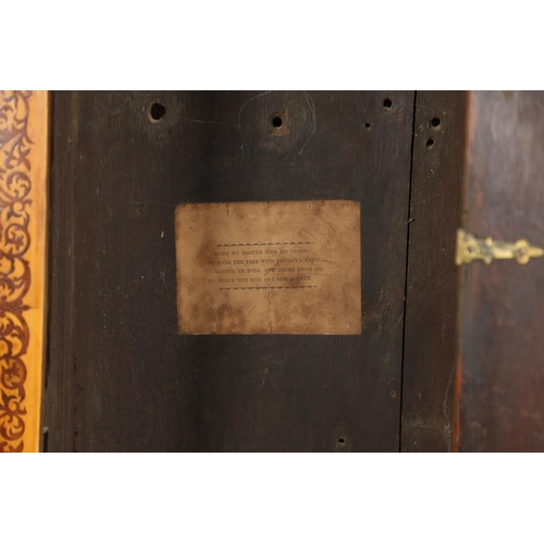 1131 - AN 18TH CENTURY MARQUETRY LONGCASE CLOCK CASE. of narrow proportions, the fret carved cornice above ... 