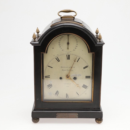 1143 - A GEORGE III EBONISED BRACKET CLOCK. the 7.5