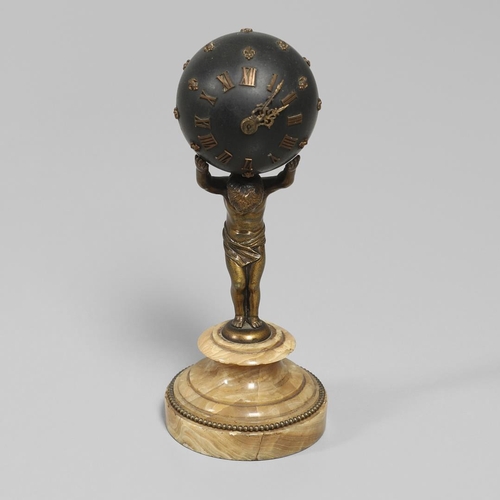 1153 - A 19TH CENTURY FRENCH NOVELTY GLOBE CLOCK. modelled as a bronzed semi-clad boy holding aloft the wor... 