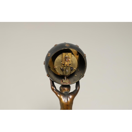 1153 - A 19TH CENTURY FRENCH NOVELTY GLOBE CLOCK. modelled as a bronzed semi-clad boy holding aloft the wor... 