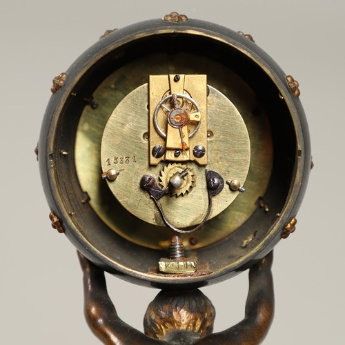 1153 - A 19TH CENTURY FRENCH NOVELTY GLOBE CLOCK. modelled as a bronzed semi-clad boy holding aloft the wor... 