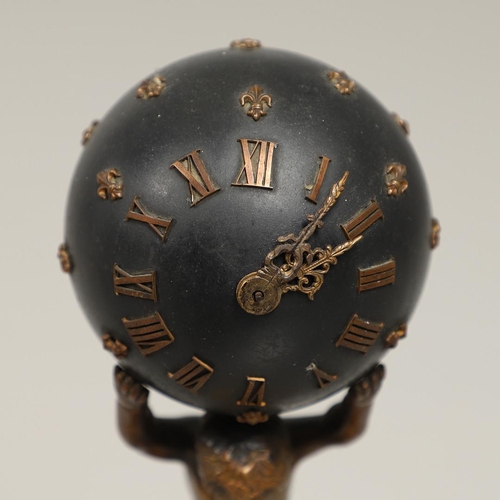 1153 - A 19TH CENTURY FRENCH NOVELTY GLOBE CLOCK. modelled as a bronzed semi-clad boy holding aloft the wor... 