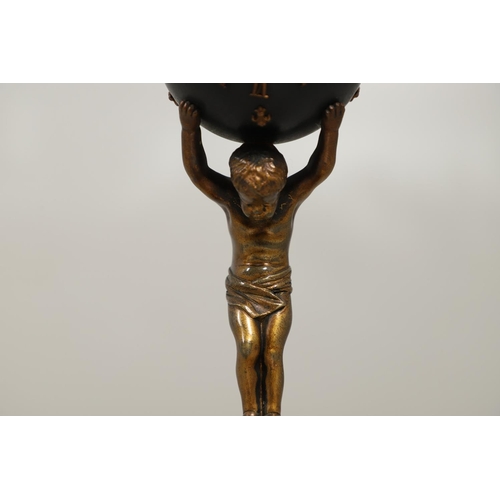 1153 - A 19TH CENTURY FRENCH NOVELTY GLOBE CLOCK. modelled as a bronzed semi-clad boy holding aloft the wor... 