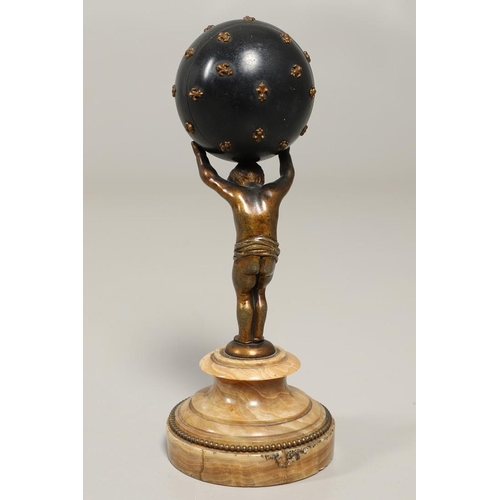 1153 - A 19TH CENTURY FRENCH NOVELTY GLOBE CLOCK. modelled as a bronzed semi-clad boy holding aloft the wor... 