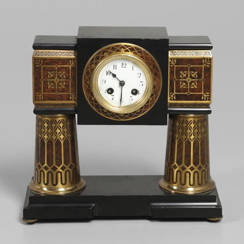 1155 - A FRENCH EBONISED AMBOYNA MANTEL CLOCK. 19th century, the case of architectural form with two column... 