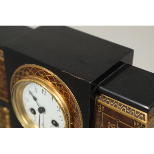 1155 - A FRENCH EBONISED AMBOYNA MANTEL CLOCK. 19th century, the case of architectural form with two column... 