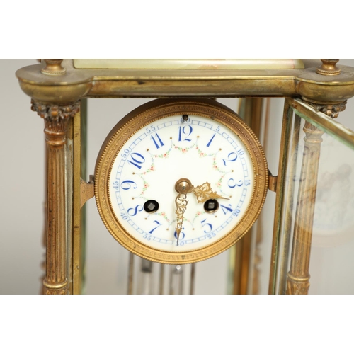 1157 - A FRENCH ONYX FOUR GLASS MANTEL CLOCK. late 19th century, the painted dial with ornate brass chasing... 