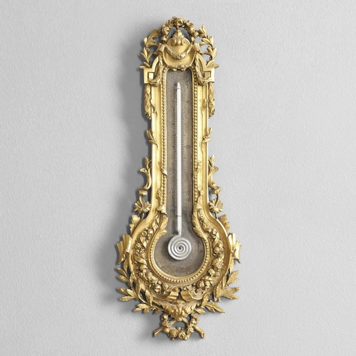 1158 - A 19TH CENTURY LOUIS XV STYLE ORMOLU WALL THERMOMETER. the brass dial engraved with cornucopia, sign... 