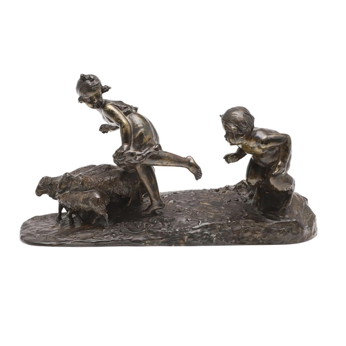 1166 - FRENCH SCHOOL (LATE 19TH CENTURY). a patinated bronze of a fawn chasing a girl and a group of sheep,... 