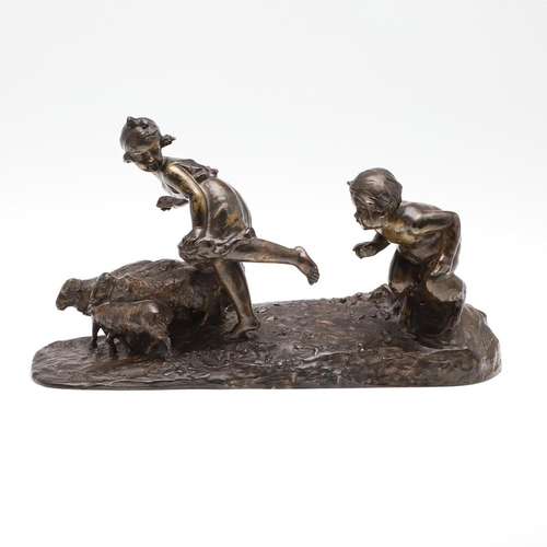 1166 - FRENCH SCHOOL (LATE 19TH CENTURY). a patinated bronze of a fawn chasing a girl and a group of sheep,... 