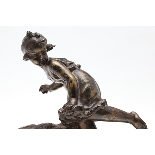 1166 - FRENCH SCHOOL (LATE 19TH CENTURY). a patinated bronze of a fawn chasing a girl and a group of sheep,... 