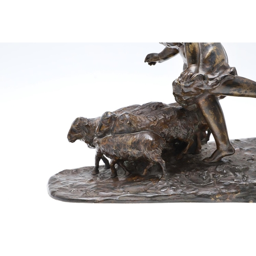 1166 - FRENCH SCHOOL (LATE 19TH CENTURY). a patinated bronze of a fawn chasing a girl and a group of sheep,... 