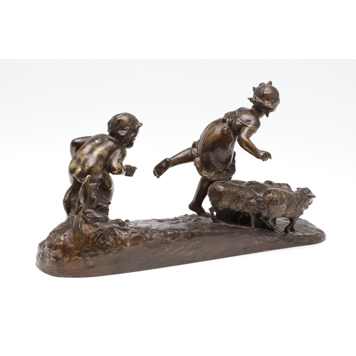 1166 - FRENCH SCHOOL (LATE 19TH CENTURY). a patinated bronze of a fawn chasing a girl and a group of sheep,... 