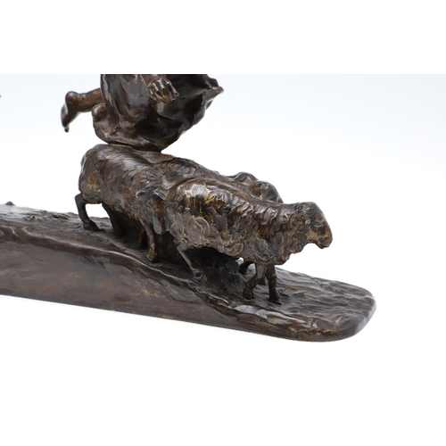 1166 - FRENCH SCHOOL (LATE 19TH CENTURY). a patinated bronze of a fawn chasing a girl and a group of sheep,... 