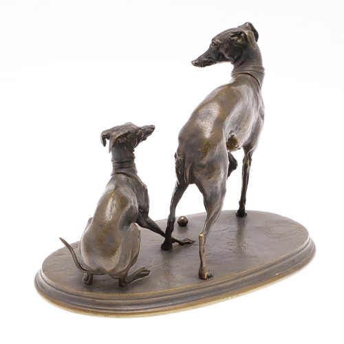 1169 - AFTER PIERRE JULES MENE (1810-1879), 'JIJI AND GISELLA'. an animalier bronze group of two whippets p... 