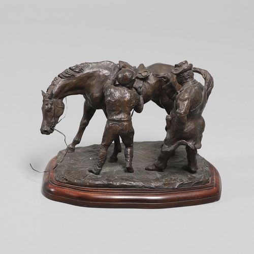 1171 - PHILIP BLACKER (BRITISH, b.1949), 'RACEHORSE WITH JOCKEY AND OWNER'. (d) bronze, signed 'PB' and dat... 