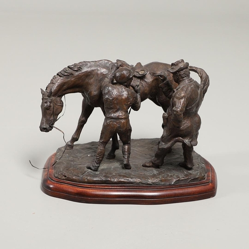 1171 - PHILIP BLACKER (BRITISH, b.1949), 'RACEHORSE WITH JOCKEY AND OWNER'. (d) bronze, signed 'PB' and dat... 