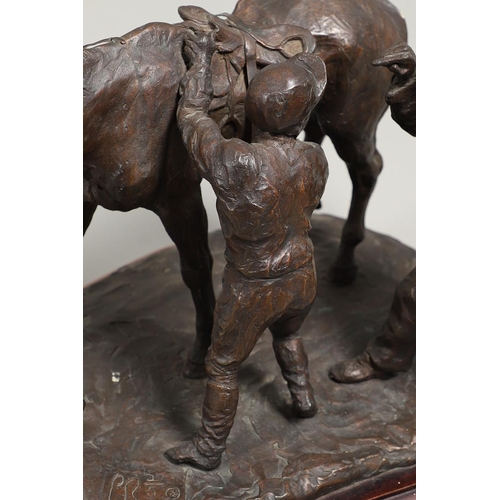 1171 - PHILIP BLACKER (BRITISH, b.1949), 'RACEHORSE WITH JOCKEY AND OWNER'. (d) bronze, signed 'PB' and dat... 