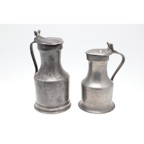 1174 - TWO MID-LATE 19TH CENTURY FRENCH PEWTER LIDDED MEASURES. of double and single litre size, the talles... 