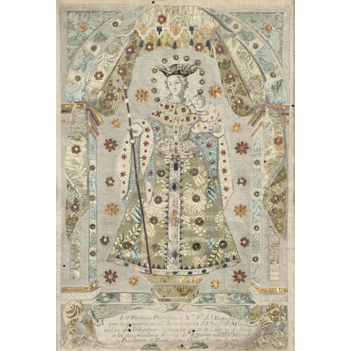 1177 - AN 18TH CENTURY AND LATER SPANISH EMBROIDERED BOOK PLATE. illustrating the Virgin Peregrina, with cu... 