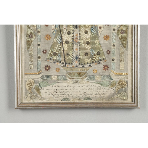 1177 - AN 18TH CENTURY AND LATER SPANISH EMBROIDERED BOOK PLATE. illustrating the Virgin Peregrina, with cu... 