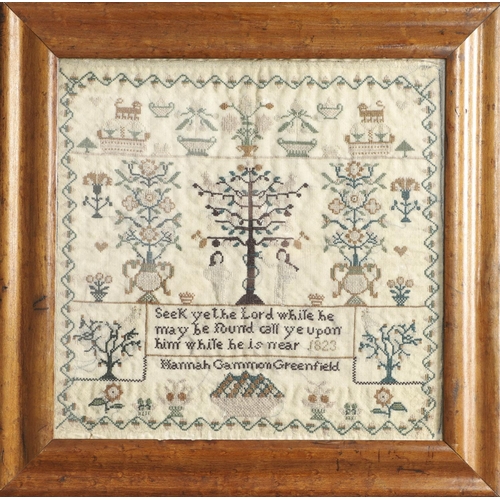 1180 - AN EARLY 19TH CENTURY PICTORIAL NEEDLEWORK SAMPLER. illustrating Adam and Eve in the Garden of Eden,... 