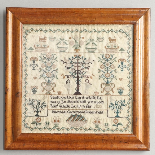 1180 - AN EARLY 19TH CENTURY PICTORIAL NEEDLEWORK SAMPLER. illustrating Adam and Eve in the Garden of Eden,... 