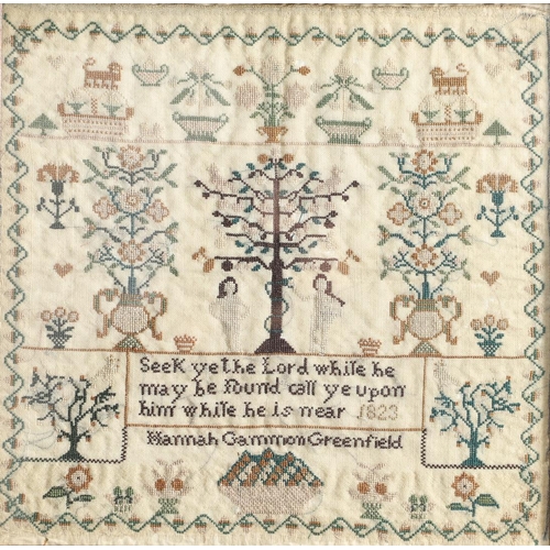 1180 - AN EARLY 19TH CENTURY PICTORIAL NEEDLEWORK SAMPLER. illustrating Adam and Eve in the Garden of Eden,... 