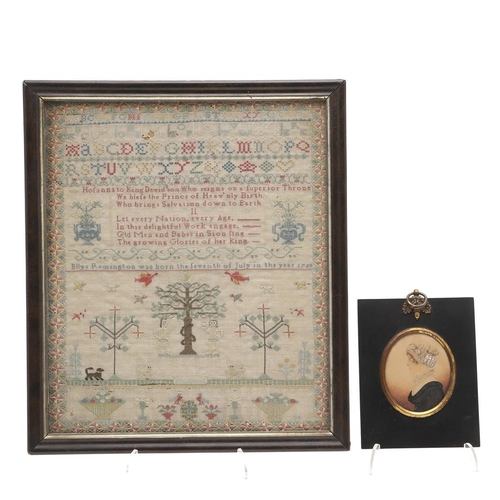 1182 - A GEORGE II PICTORIAL NEEDLEWORK SAMPLER. by Ellys Remington, dated 1738, worked in coloured silks o... 