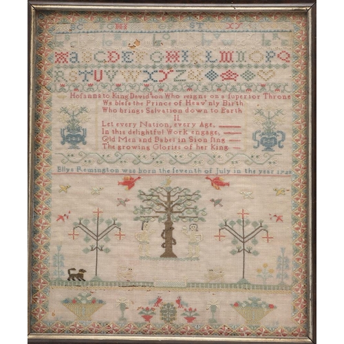 1182 - A GEORGE II PICTORIAL NEEDLEWORK SAMPLER. by Ellys Remington, dated 1738, worked in coloured silks o... 