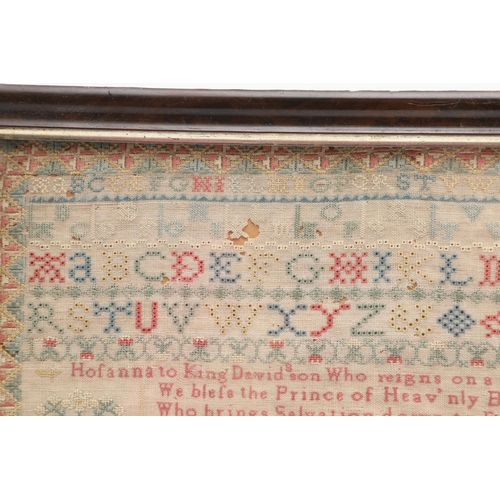 1182 - A GEORGE II PICTORIAL NEEDLEWORK SAMPLER. by Ellys Remington, dated 1738, worked in coloured silks o... 