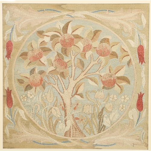 1184 - A WILLIAM MORRIS 'APPLE TREE' DESIGN EMBROIDERY. early 20th century, formerly mounted within a fires... 