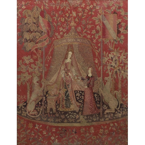 1187 - A 19TH CENTURY TAPESTRY PANEL OF 'THE LADY AND THE UNICORN'. the woven panel depicting the Medieval ... 