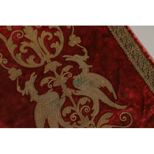 1189 - AN EARLY RED VELVET ITALIAN TABLE RUNNER. possibly 17th century, with 'gold' Florentine braiding of ... 