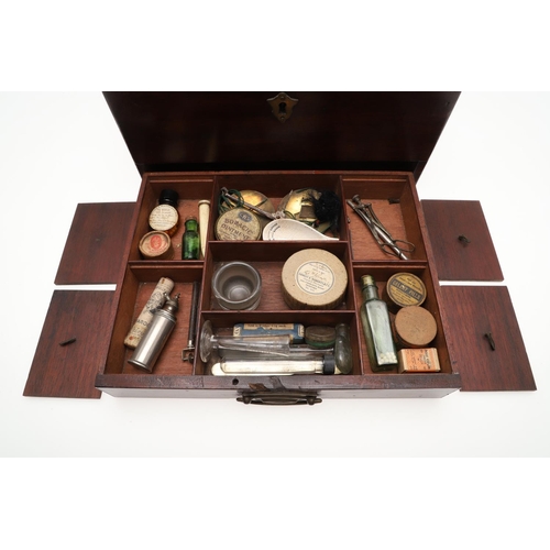 1191 - AN EARLY 19TH CENTURY MAHOGANY APOTHECARY BOX AND CONTENTS. the rectangular lift top box revealing a... 