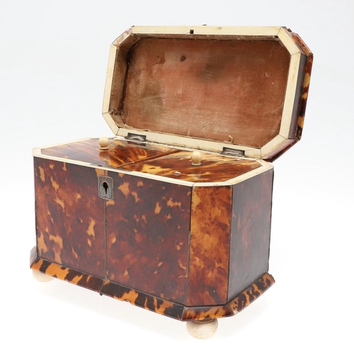 1201 - A GEORGE III TORTOISESHELL AND IVORY TEA CADDY. of octagonal casket form, the hinged lid enclosing t... 