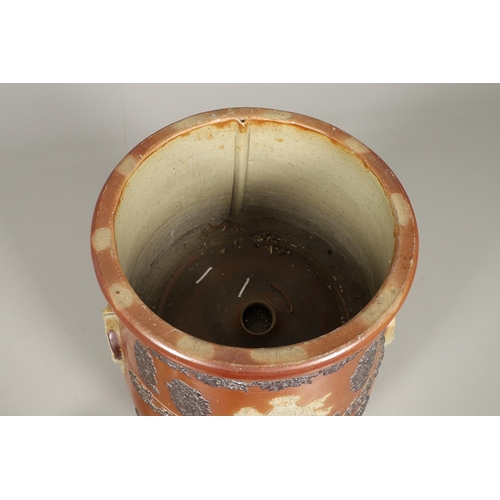 1204 - A SIZEABLE VICTORIAN SALT GLAZED POTTERY WATER FILTER AND COVER. the barrel body with applied moulde... 