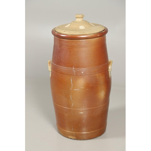 1204 - A SIZEABLE VICTORIAN SALT GLAZED POTTERY WATER FILTER AND COVER. the barrel body with applied moulde... 