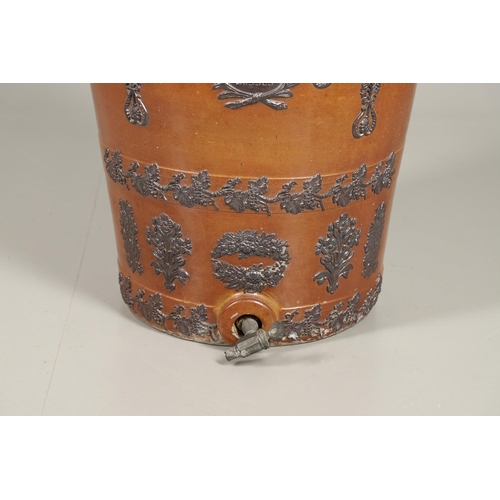 1204 - A SIZEABLE VICTORIAN SALT GLAZED POTTERY WATER FILTER AND COVER. the barrel body with applied moulde... 