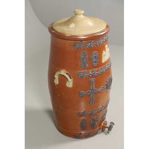 1204 - A SIZEABLE VICTORIAN SALT GLAZED POTTERY WATER FILTER AND COVER. the barrel body with applied moulde... 