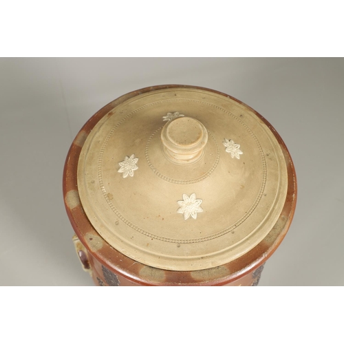 1204 - A SIZEABLE VICTORIAN SALT GLAZED POTTERY WATER FILTER AND COVER. the barrel body with applied moulde... 