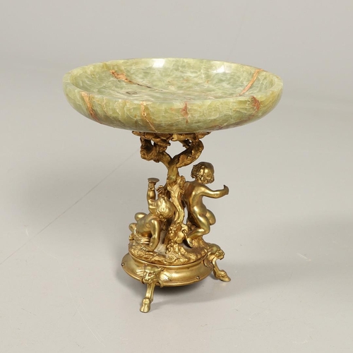 1206 - A CHRISTOPHLE NEOCLASSICAL ORMOLU AND ONYX TAZZA. the onyx dish upon a naturalistically modelled fru... 