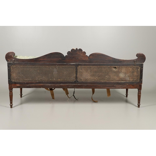 1207 - A REGENCY MAHOGANY CAMPAIGN SOFA. with carved scrolling crest rail and central multiple scroll 'fan'... 