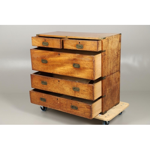 1208 - AN EARLY 19TH CENTURY MAHOGANY CAMPAIGN CHEST. of two short and three long drawers with brass fittin... 